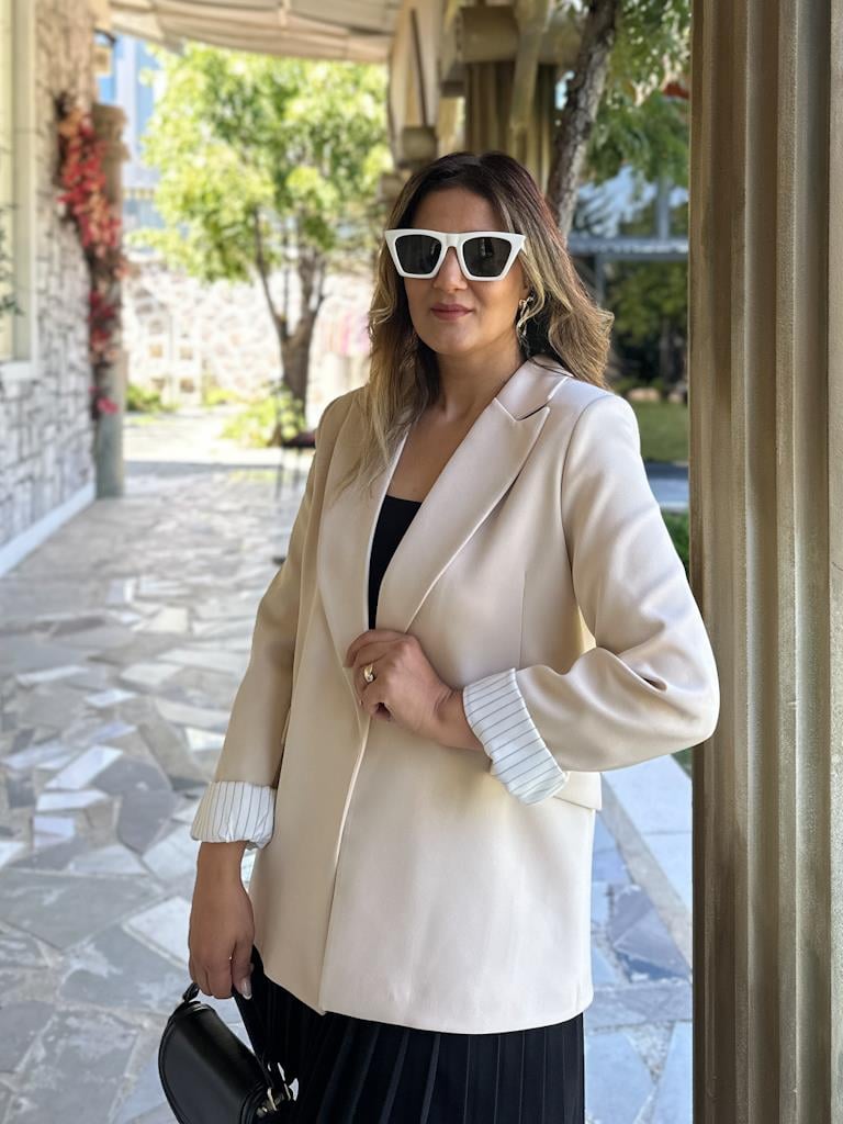 Premium Seri Astarlı Çizgili Blazer Ceket Krem