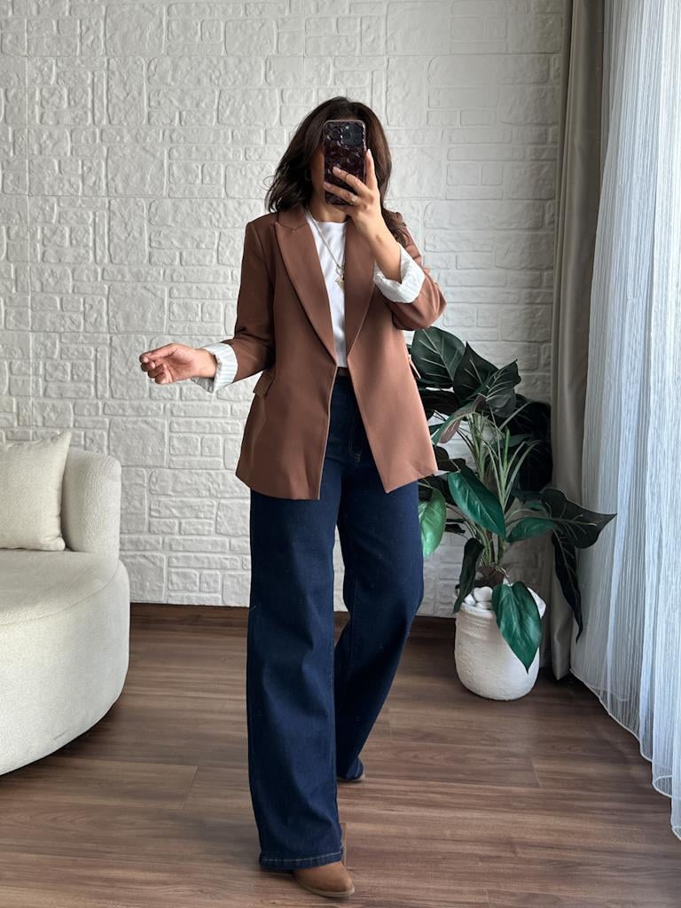 Premium Seri Astarlı Çizgili Blazer Ceket Kahverengi