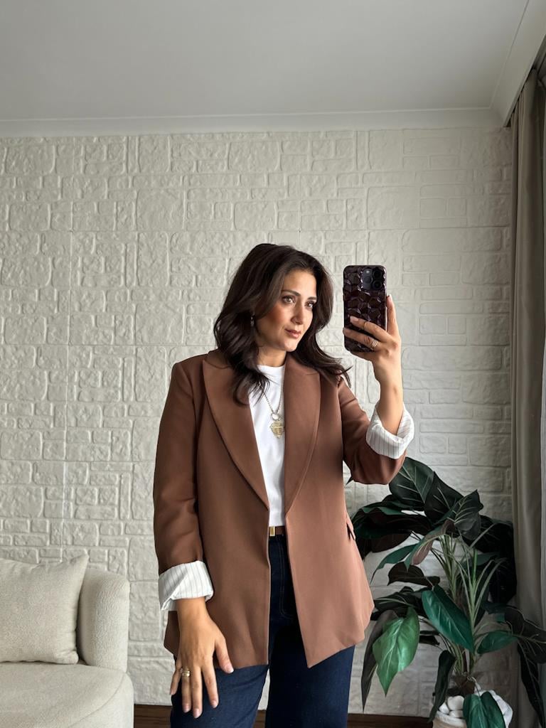 Premium Seri Astarlı Çizgili Blazer Ceket Kahverengi