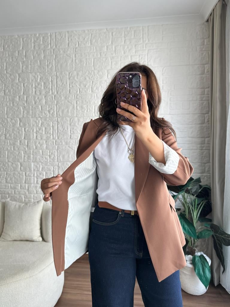 Premium Seri Astarlı Çizgili Blazer Ceket Kahverengi