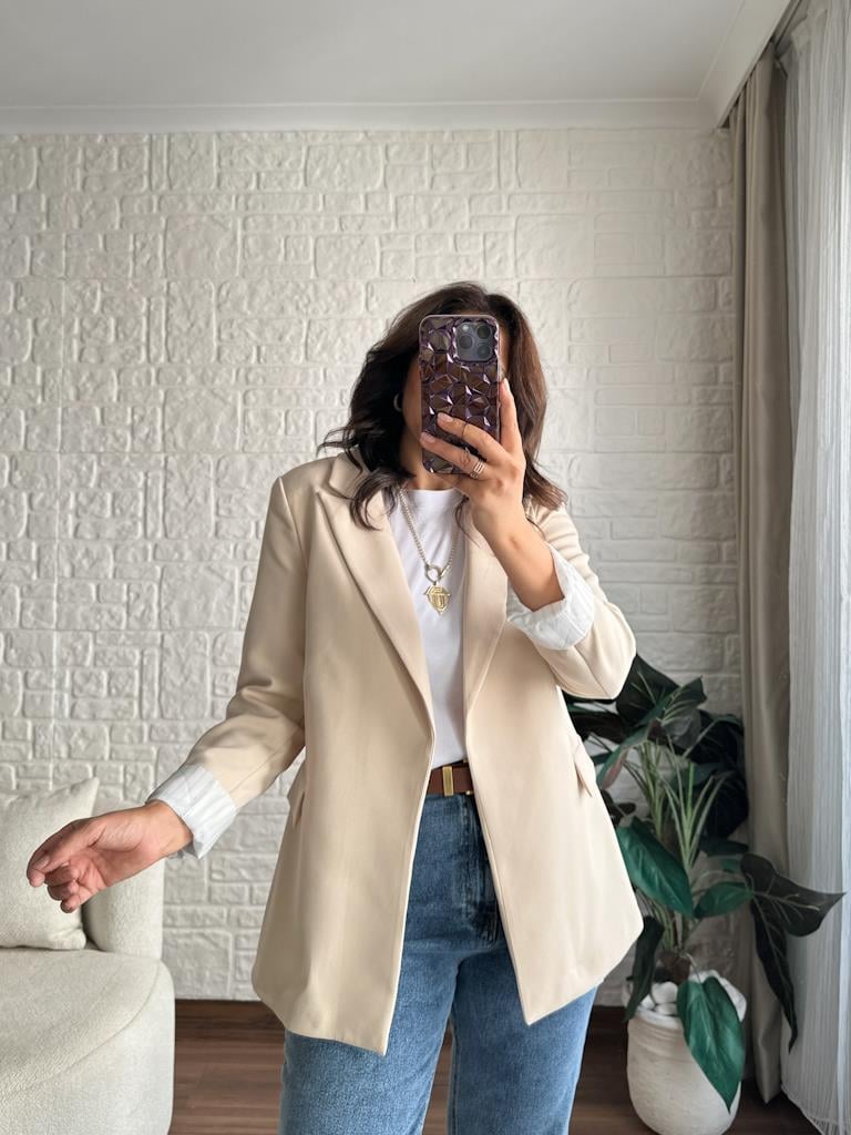 Premium Seri Astarlı Çizgili Blazer Ceket Krem