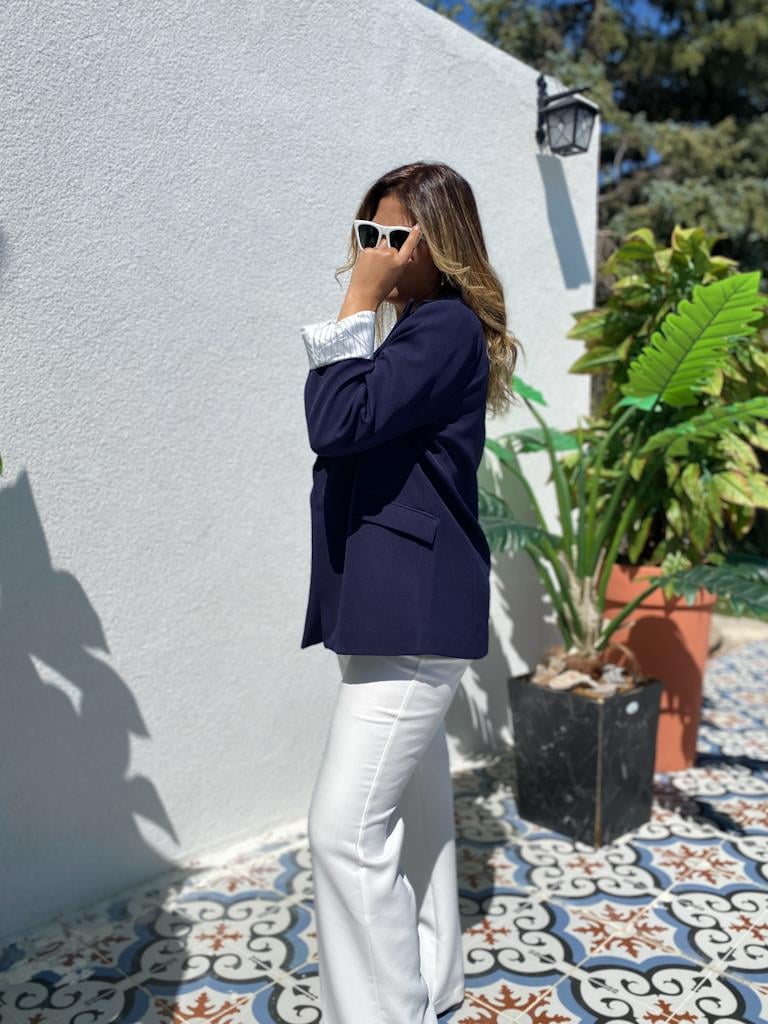 Premium Seri Astarlı Çizgili Blazer Ceket Lacivert