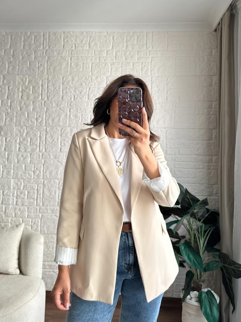 Premium Seri Astarlı Çizgili Blazer Ceket Krem