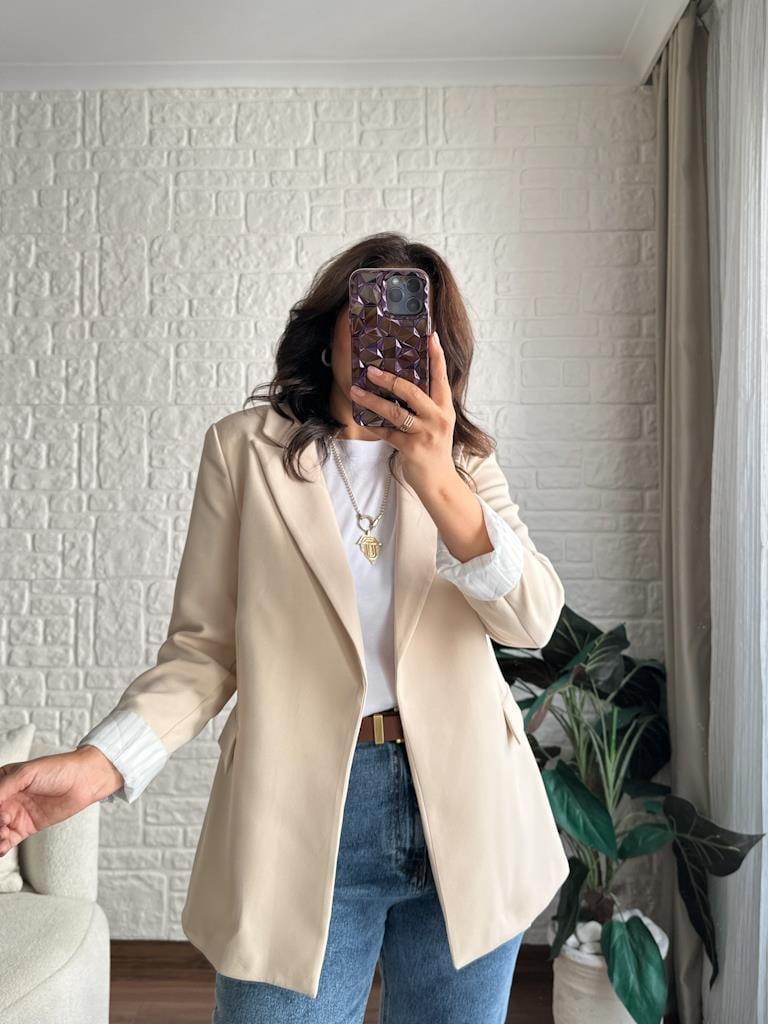 Premium Seri Astarlı Çizgili Blazer Ceket Krem