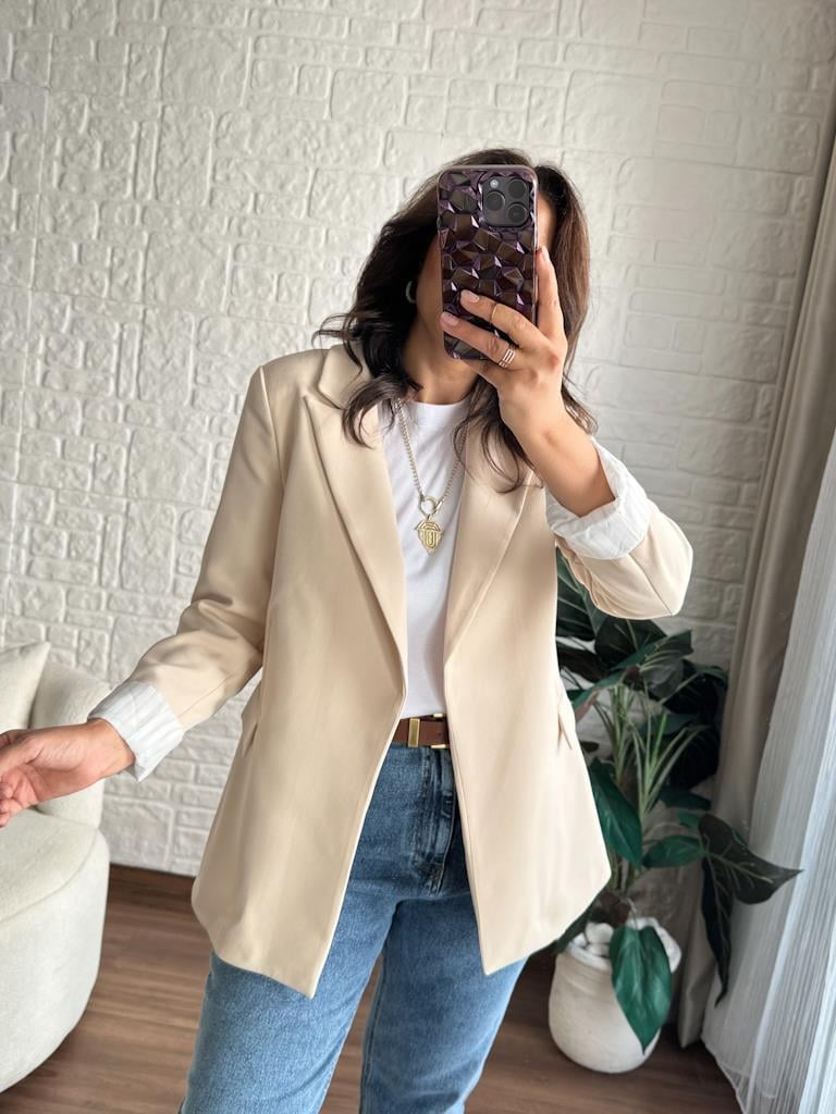 Premium Seri Astarlı Çizgili Blazer Ceket Krem
