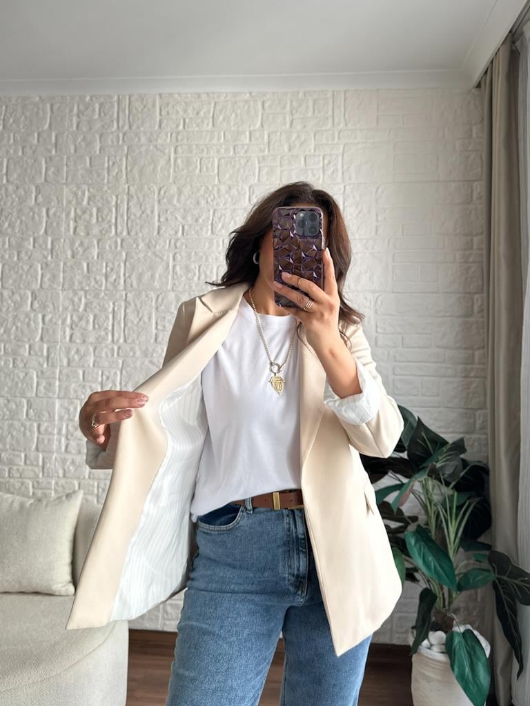 Premium Seri Astarlı Çizgili Blazer Ceket Krem