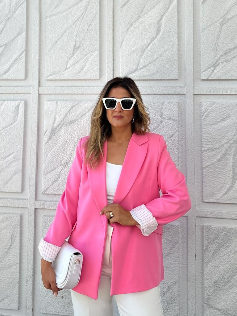Premium Seri Astarlı Çizgili Blazer Ceket Şeker Pembe