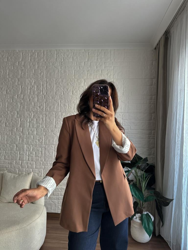 Premium Seri Astarlı Çizgili Blazer Ceket Kahverengi