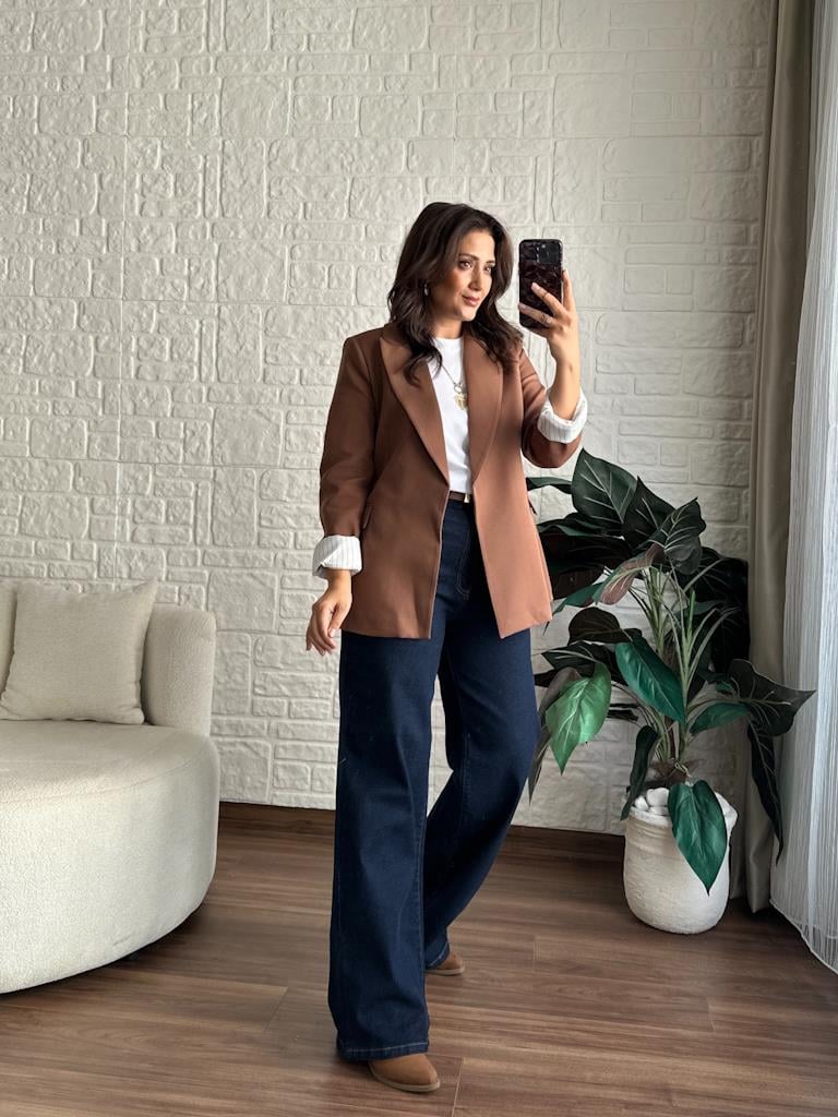 Premium Seri Astarlı Çizgili Blazer Ceket Kahverengi