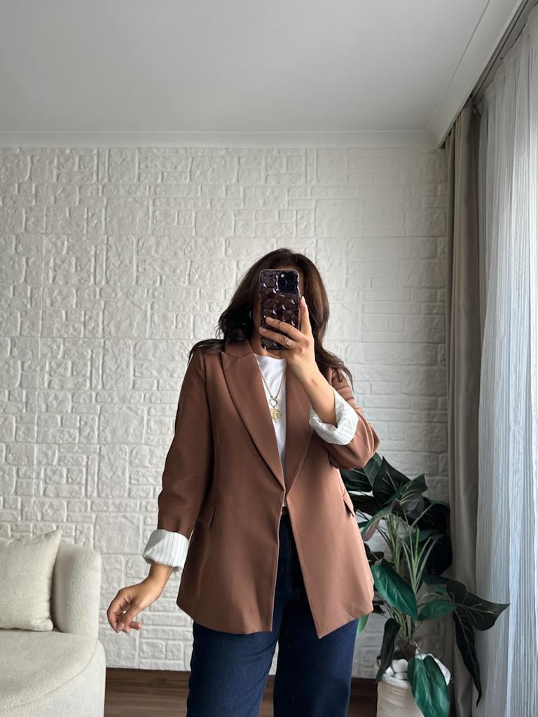 Premium Seri Astarlı Çizgili Blazer Ceket Kahverengi