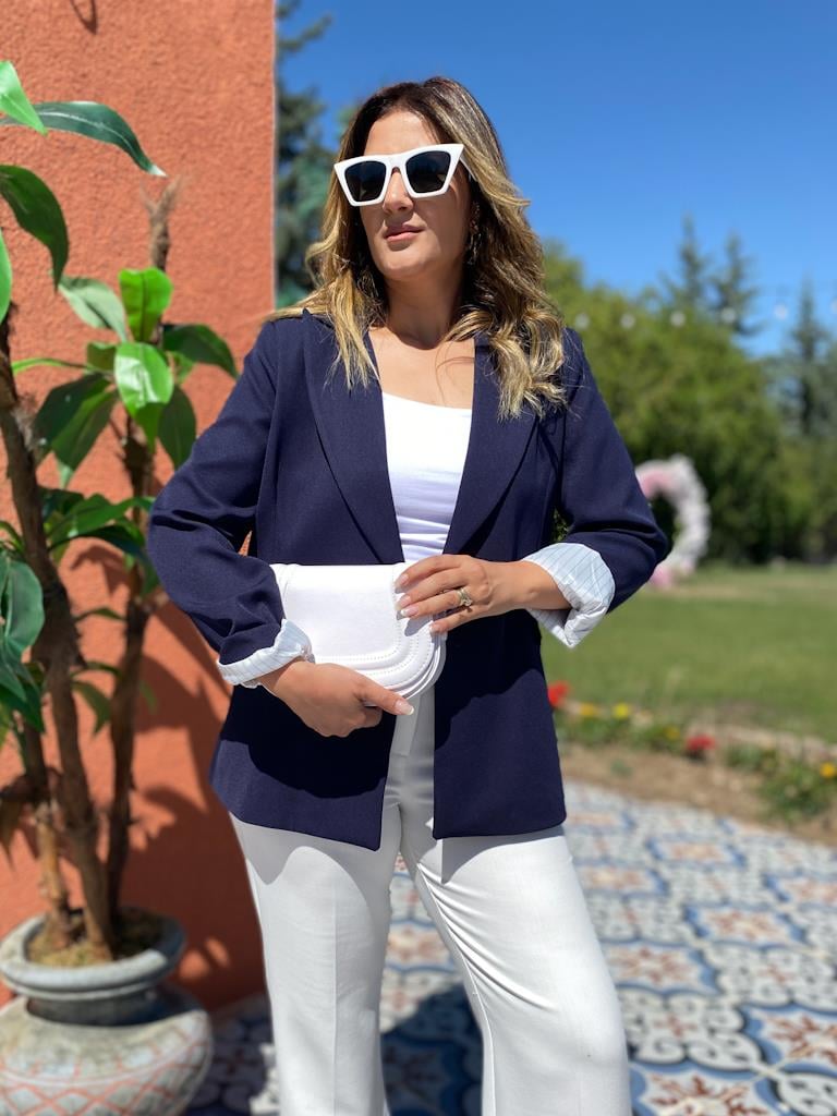 Premium Seri Astarlı Çizgili Blazer Ceket Lacivert