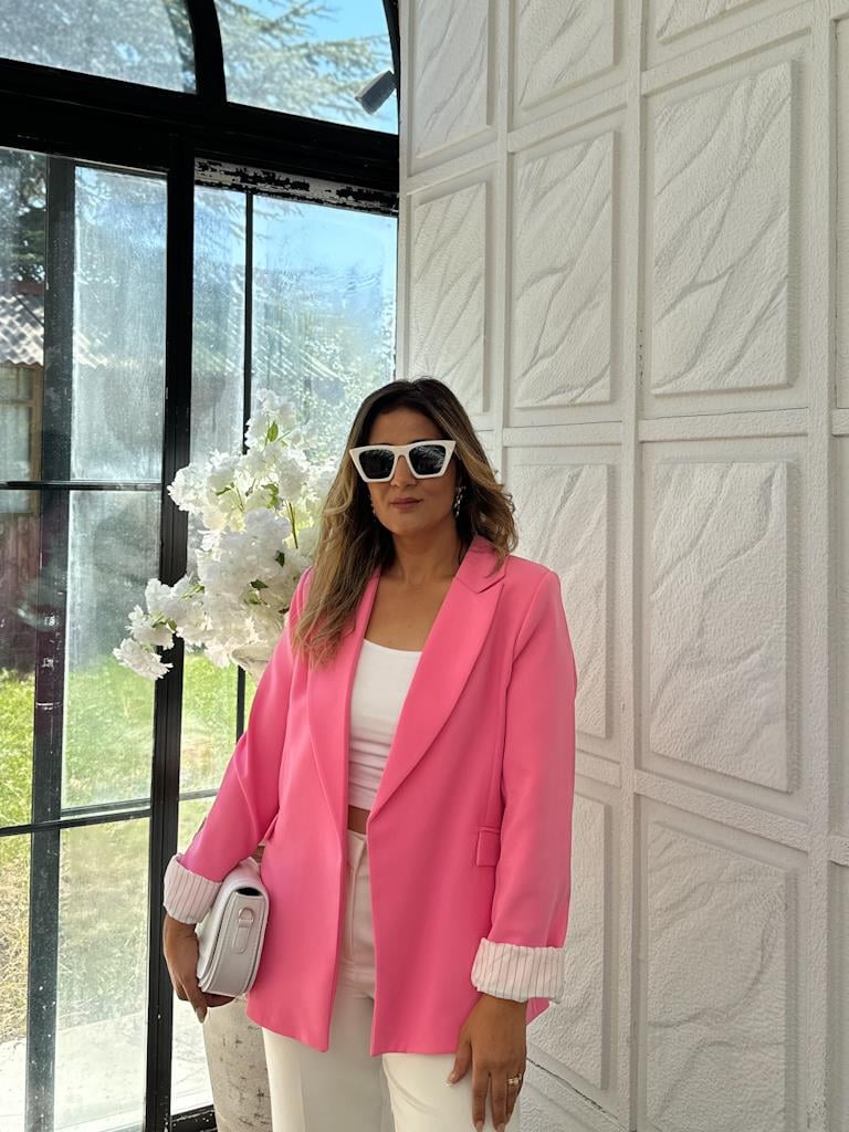 Premium Seri Astarlı Çizgili Blazer Ceket Şeker Pembe