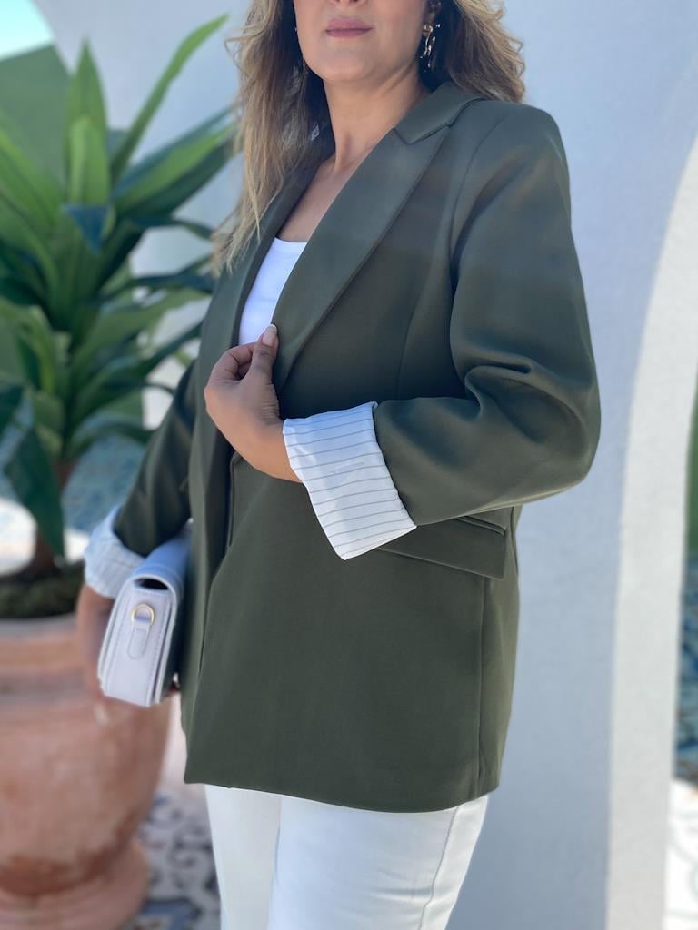 Premium Seri Astarlı Çizgili Blazer Ceket Haki Yeşil