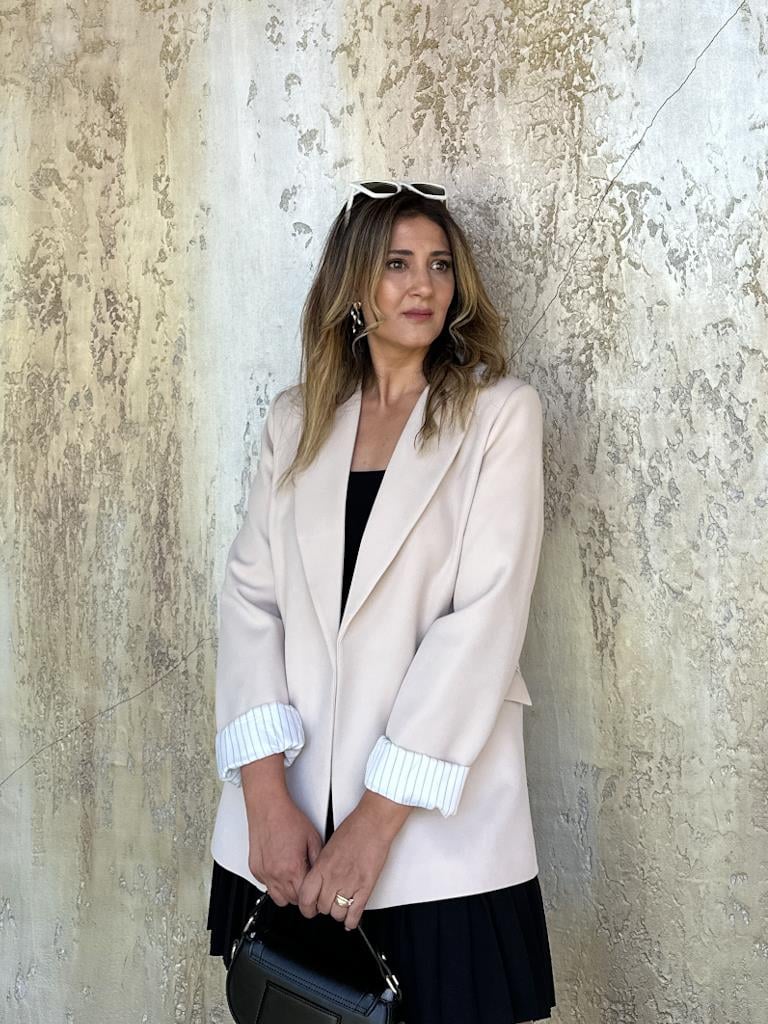 Premium Seri Astarlı Çizgili Blazer Ceket Krem