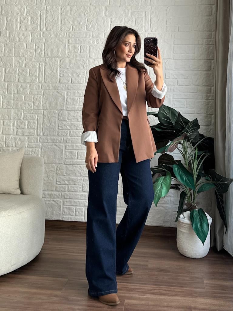 Premium Seri Astarlı Çizgili Blazer Ceket Kahverengi