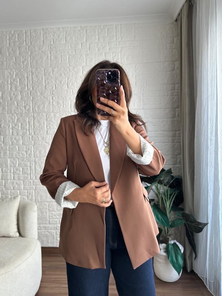 Premium Seri Astarlı Çizgili Blazer Ceket Kahverengi