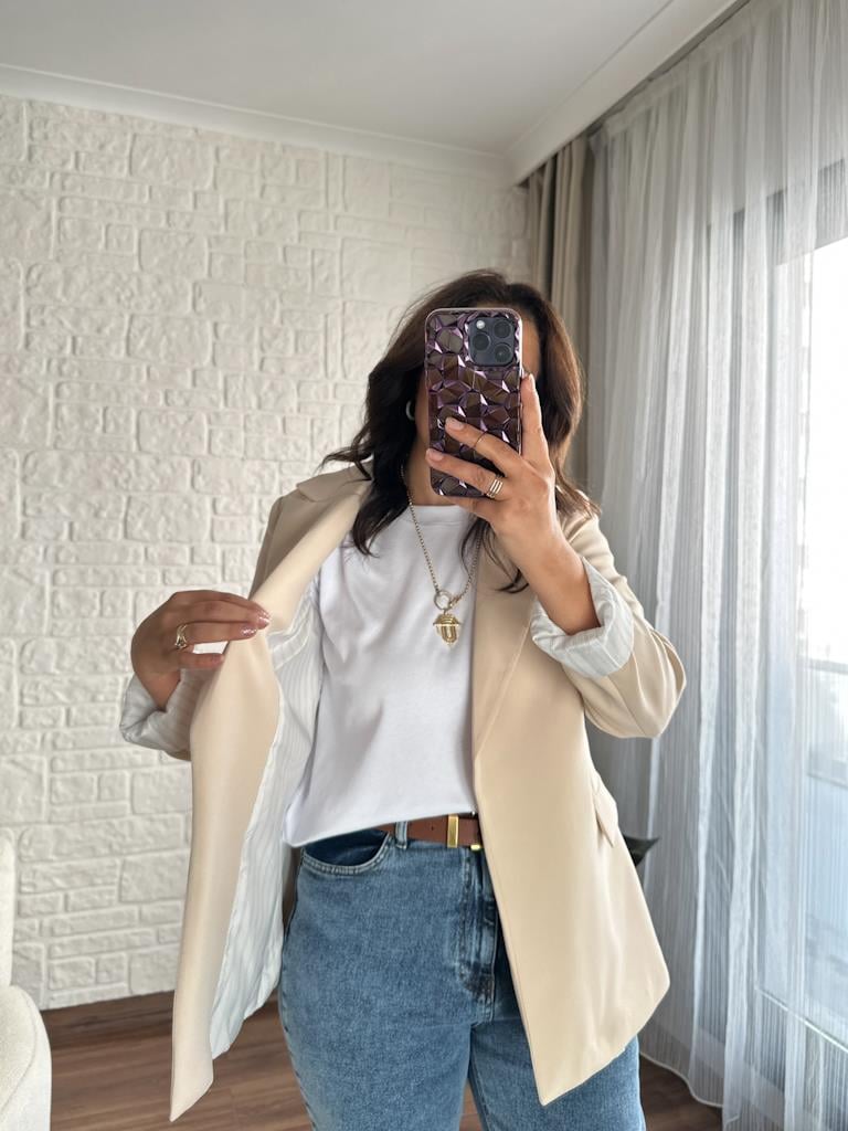 Premium Seri Astarlı Çizgili Blazer Ceket Krem