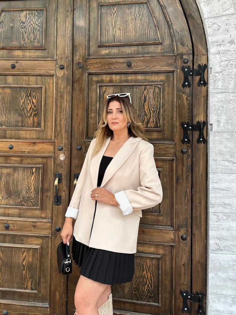 Premium Seri Astarlı Çizgili Blazer Ceket Krem