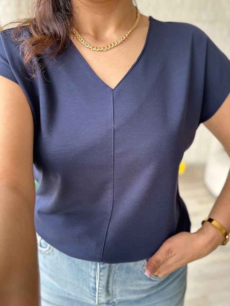 Premium Seri Relaxed Fit V Yaka Basic Tişört Lacivert