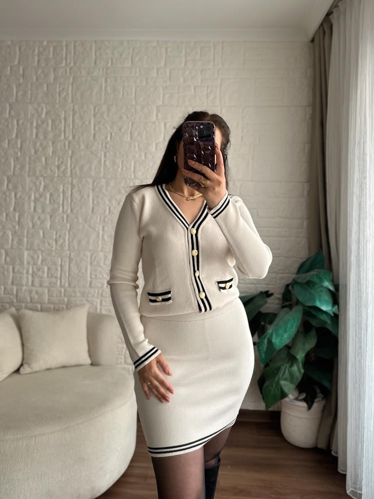 Premium Şeritli Triko Takım Ekru