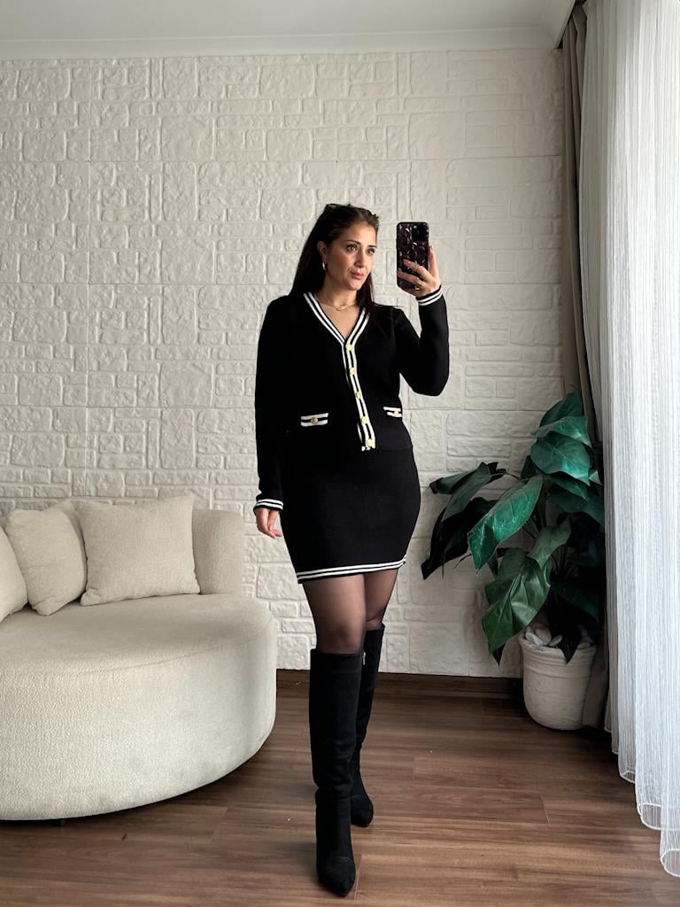 Premium Şeritli Triko Takım Siyah