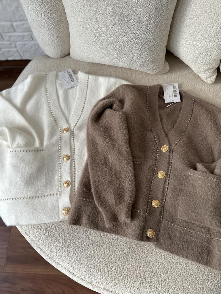 Premium Simli Düğmeli Angora Hırka Beyaz