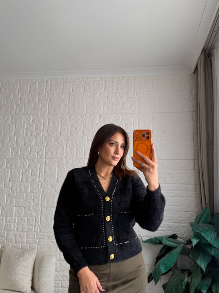 Premium Simli Düğmeli Angora Hırka Siyah