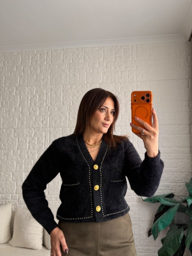 Premium Simli Düğmeli Angora Hırka Siyah