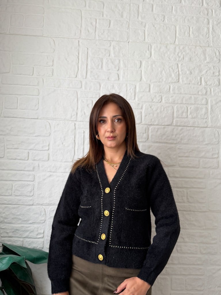 Premium Simli Düğmeli Angora Hırka Siyah