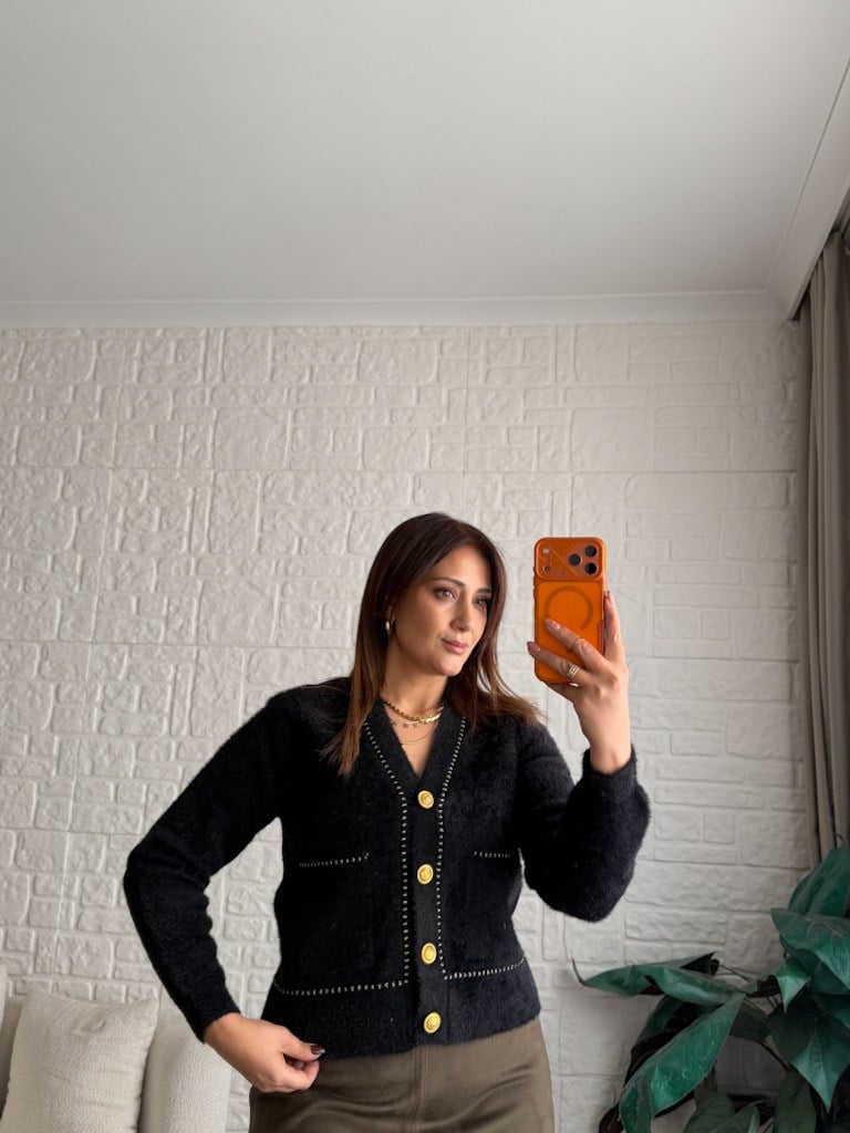 Premium Simli Düğmeli Angora Hırka Siyah
