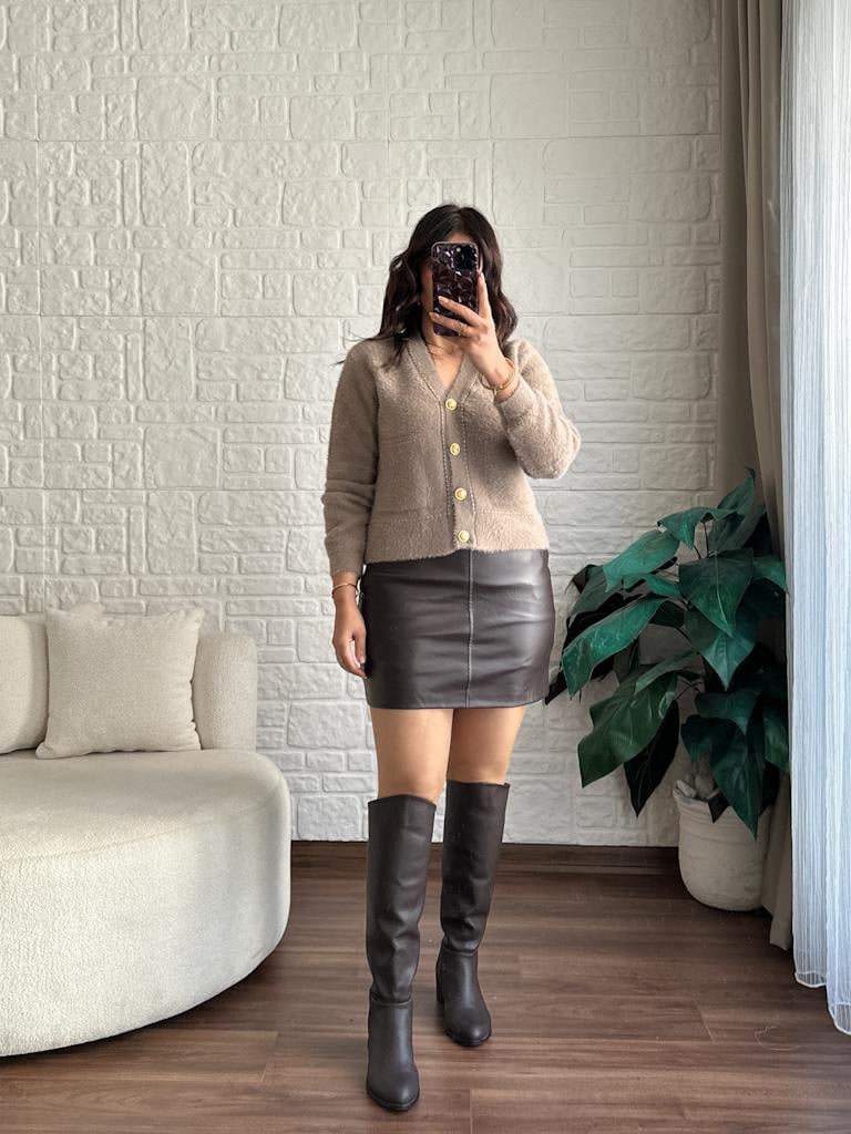 Premium Simli Düğmeli Angora Hırka Vizon