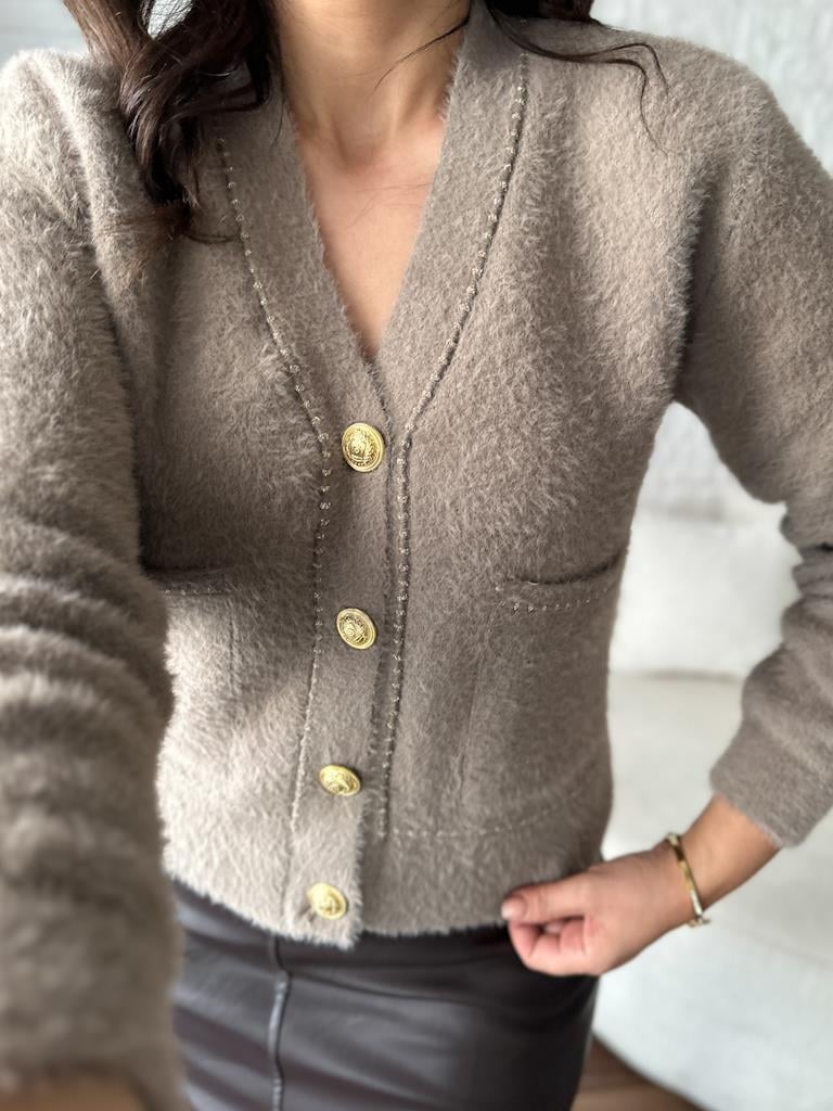 Premium Simli Düğmeli Angora Hırka Vizon