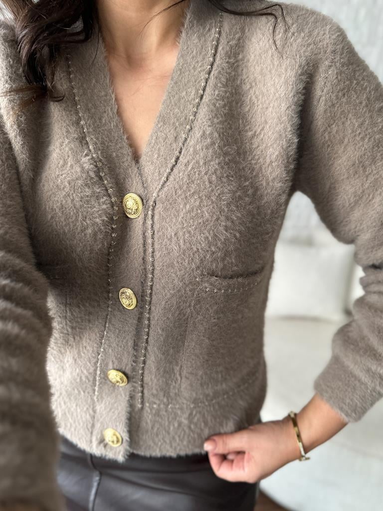 Premium Simli Düğmeli Angora Hırka Vizon