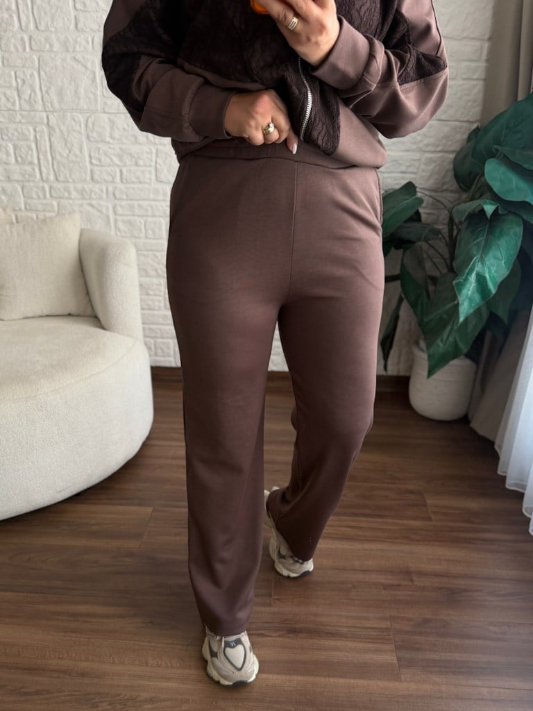 Premium Tok Modal Dantel Detaylı Takım Kahverengi