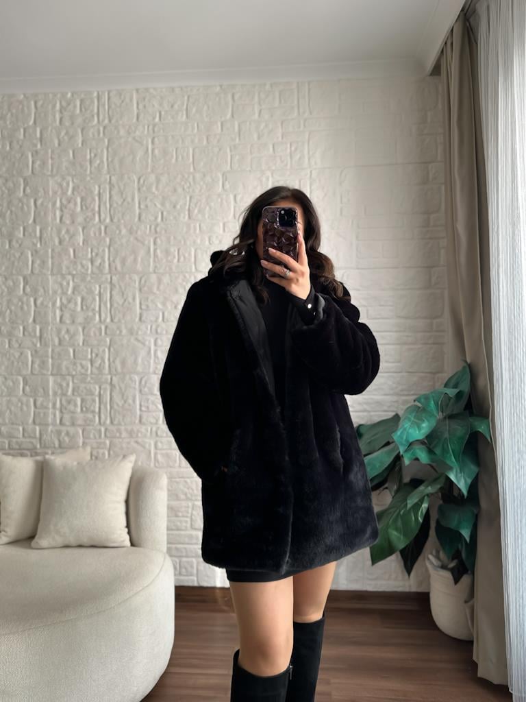 Premium Tok Yapı Astarlı Kapşonlu Pelüş Mont Siyah