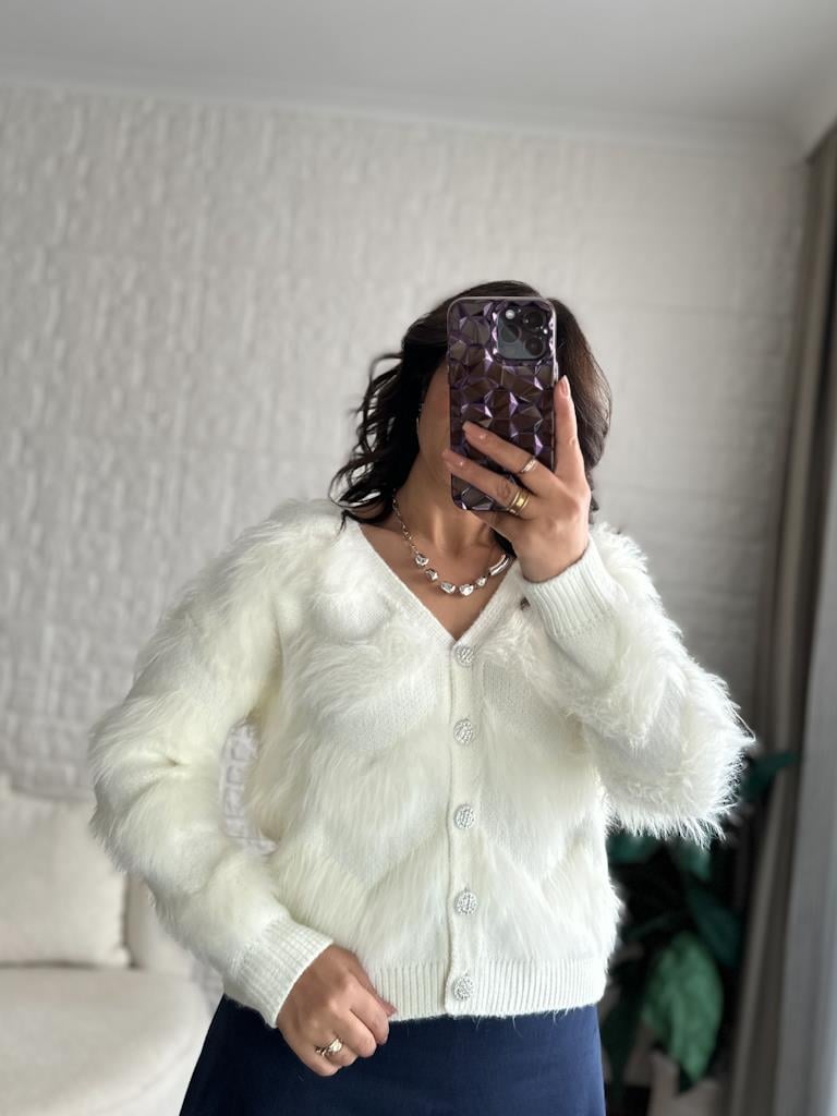 Premium V Yaka Sakal Model Triko Hırka Ekru