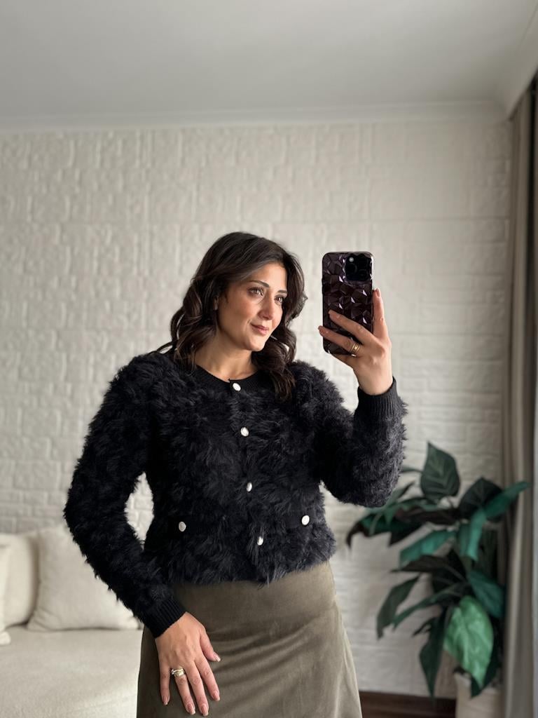 Premium V Yaka Sakal Model Triko Hırka Siyah