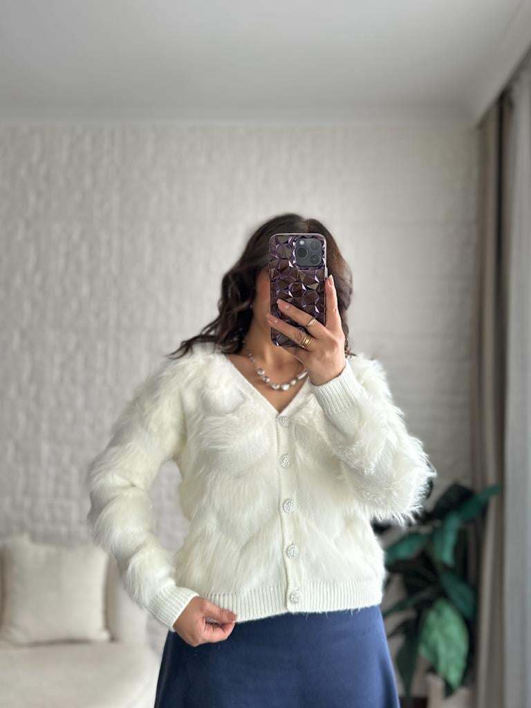 Premium V Yaka Sakal Model Triko Hırka Ekru