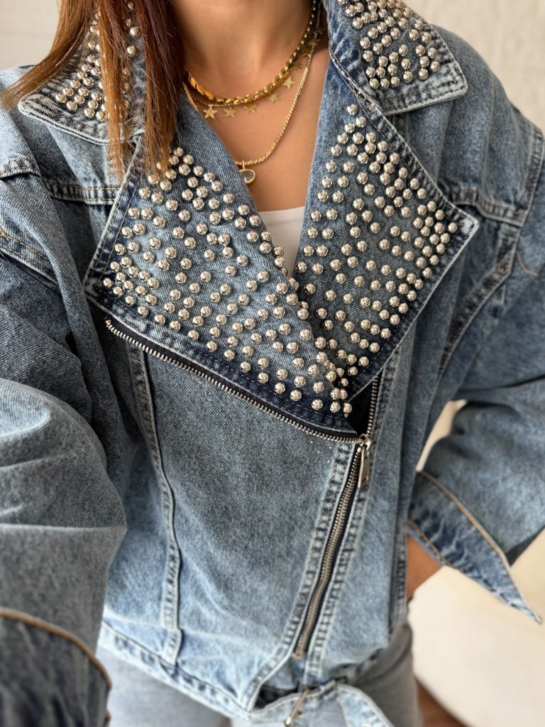 Premium Yakası İnci  Denim Ceket