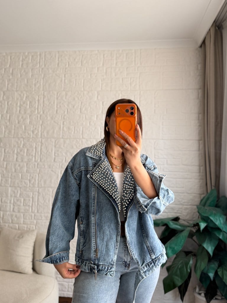 Premium Yakası İnci  Denim Ceket