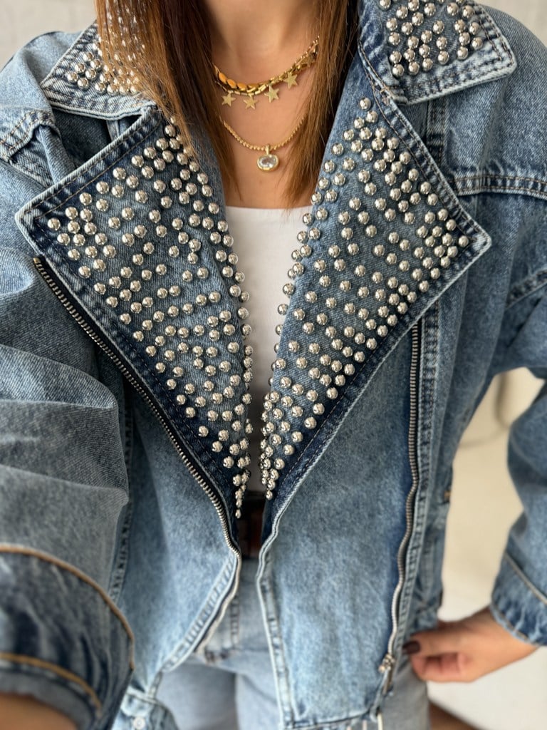 Premium Yakası İnci  Denim Ceket