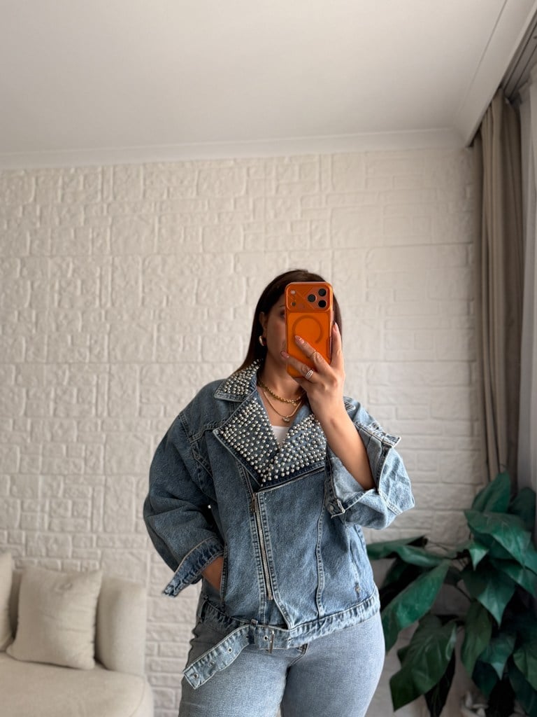 Premium Yakası İnci  Denim Ceket