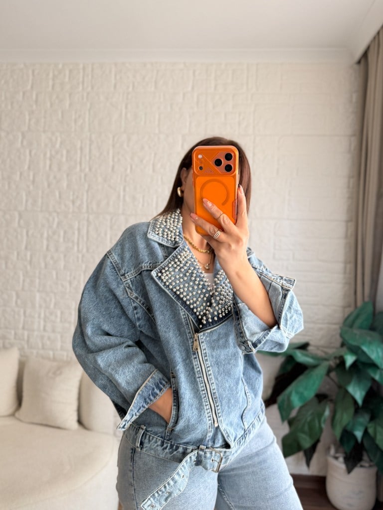 Premium Yakası İnci  Denim Ceket