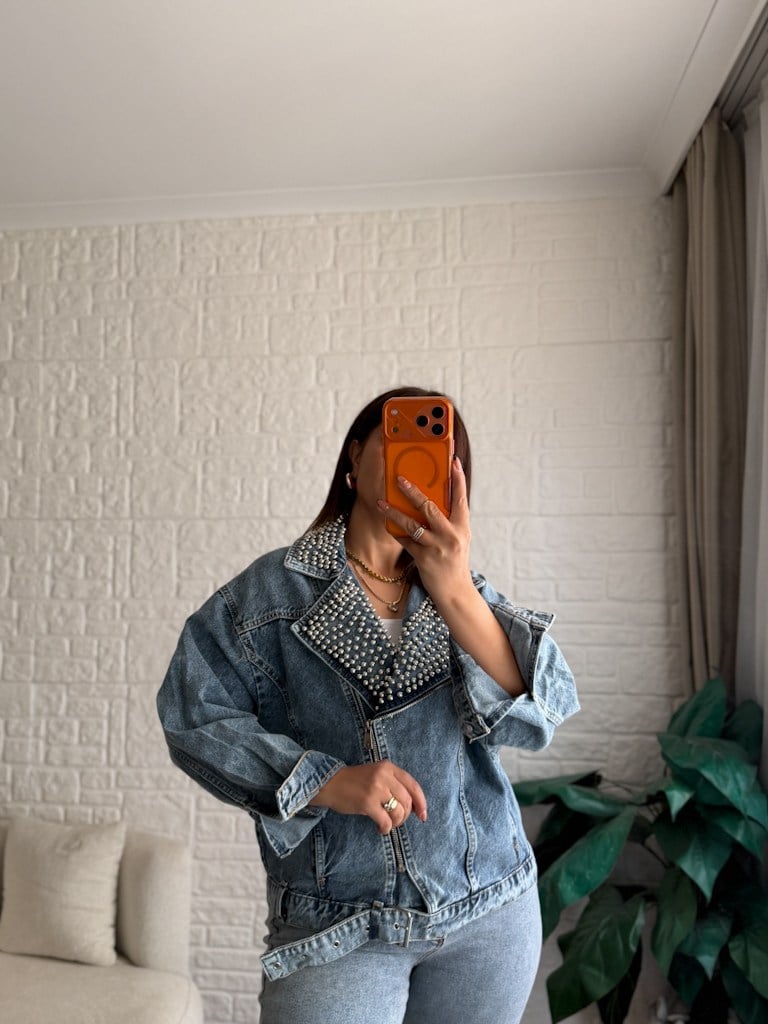 Premium Yakası İnci  Denim Ceket