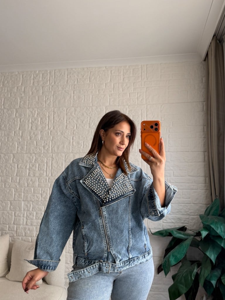 Premium Yakası İnci  Denim Ceket