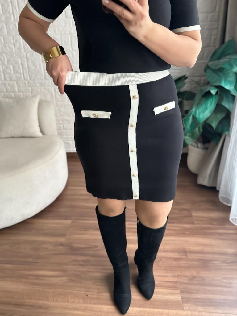 Premium Yarım Kol Siyah Üzeri Ekru  Renk Triko Takım