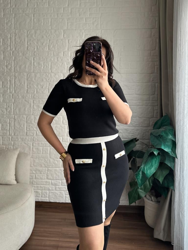 Premium Yarım Kol Siyah Üzeri Ekru  Renk Triko Takım
