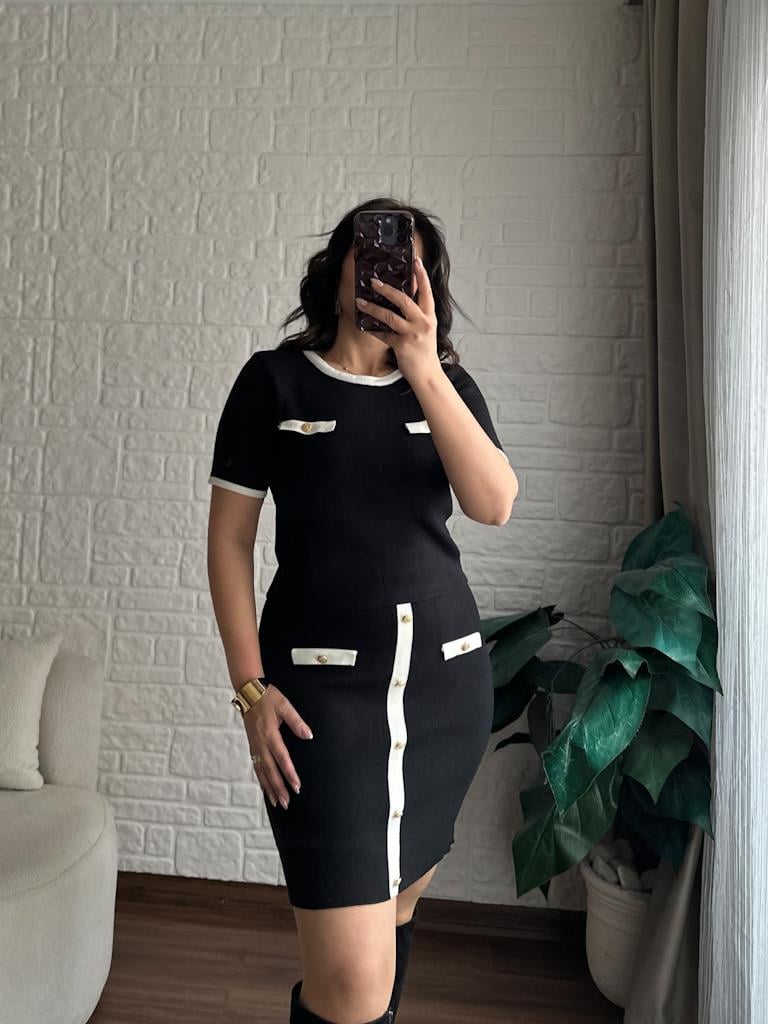 Premium Yarım Kol Siyah Üzeri Ekru  Renk Triko Takım