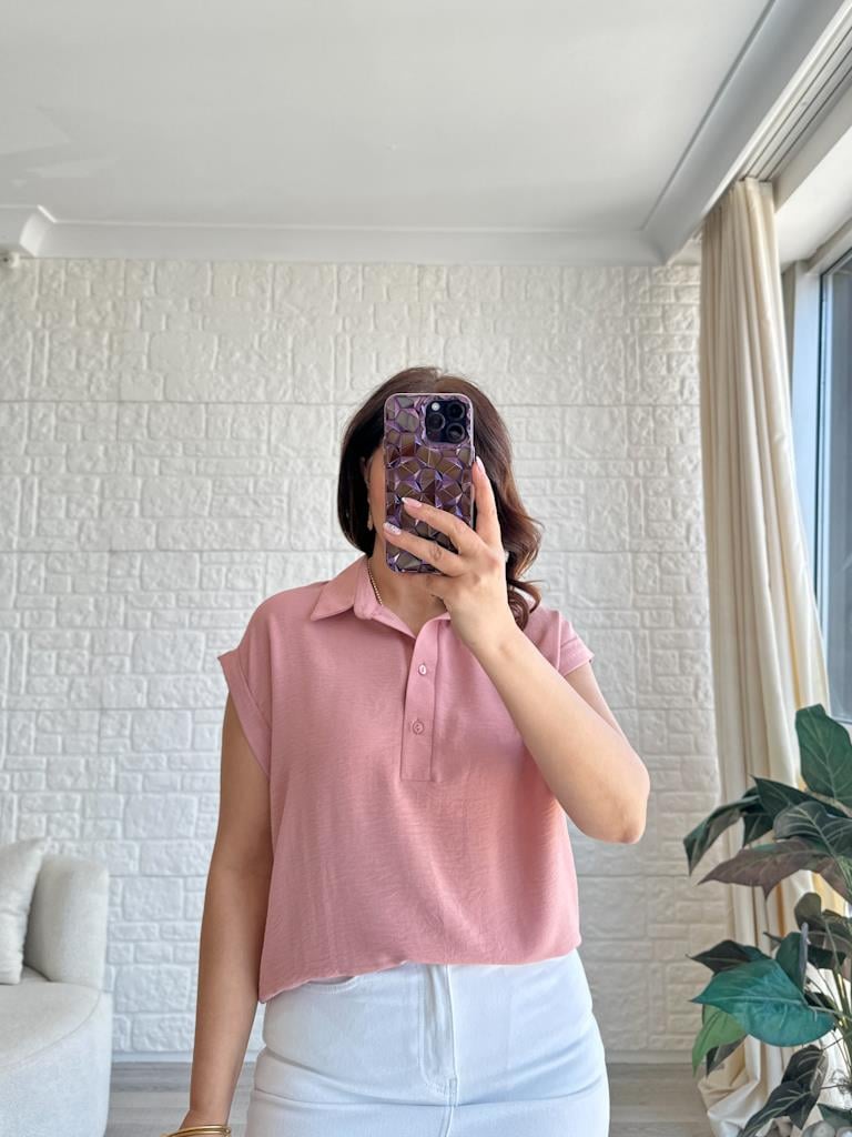 Pudra Pembe Özel Üretim İthal Aerobin Yaka Patlı Gömlek