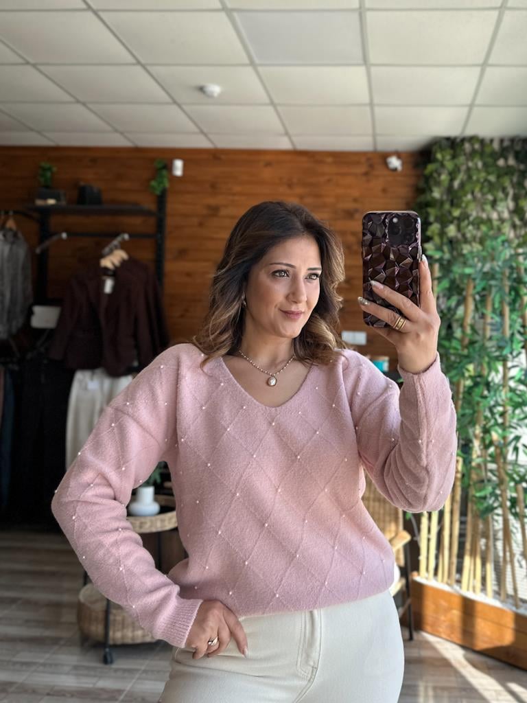 Pudra Pembe V Yaka İnci Detay Baklava Desen Yumoş Triko Kazak